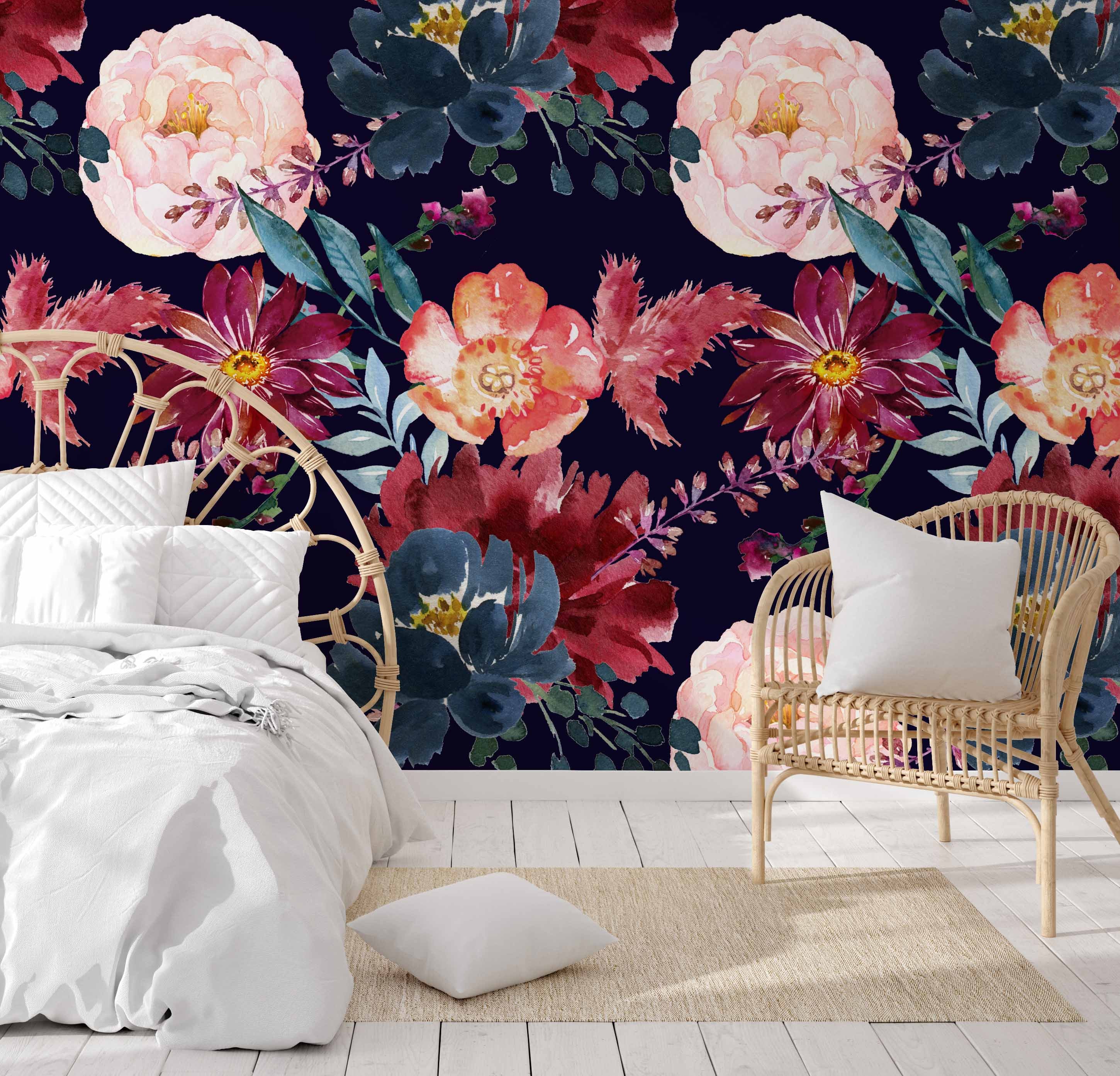 Blue and pink pattern on black background Bedroom Wallpaper  TenStickers