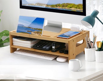 Monitor Riser Stand Bamboo wood Desk & Tabletop Organizer Monitor Mount Computer Laptop 