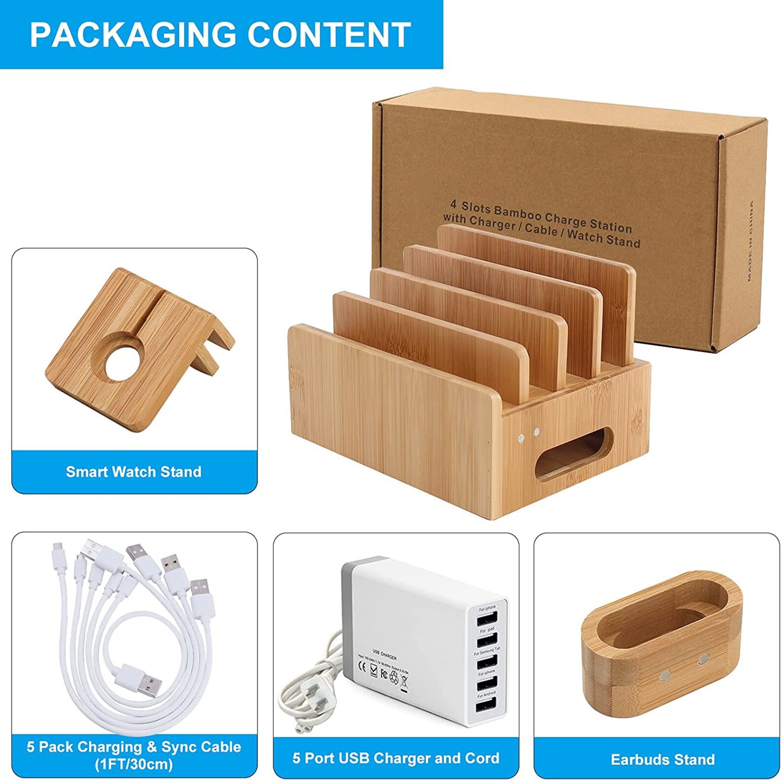Station De Charge En Bambou 6 Ports - Support Pour Téléphones Et Tablettes - Organisation Bureau Sans Chargeur