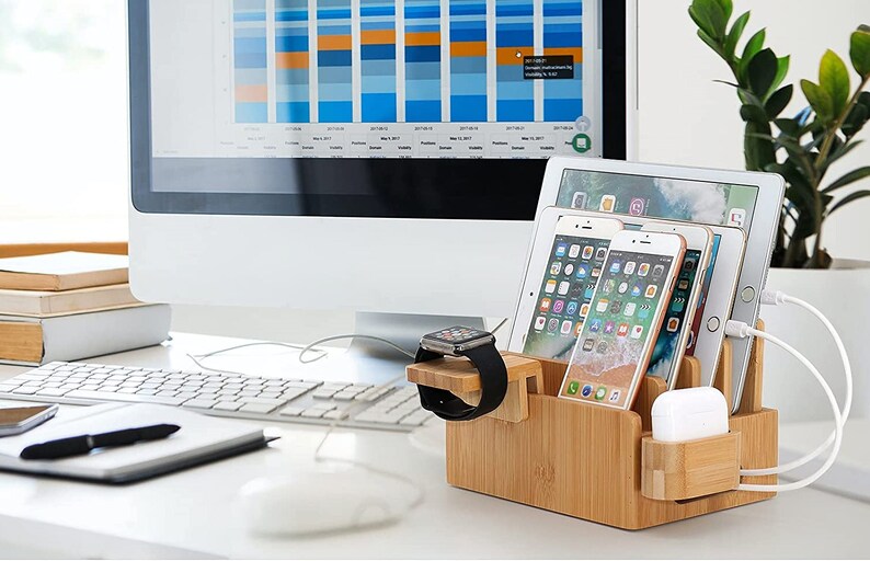 Minimalist Bamboo Charging Station with iWatch and Airpods Pro Stand ± 5 Port USB Charger, Desk Organizer for Cell Phones, Tablets & Watches 