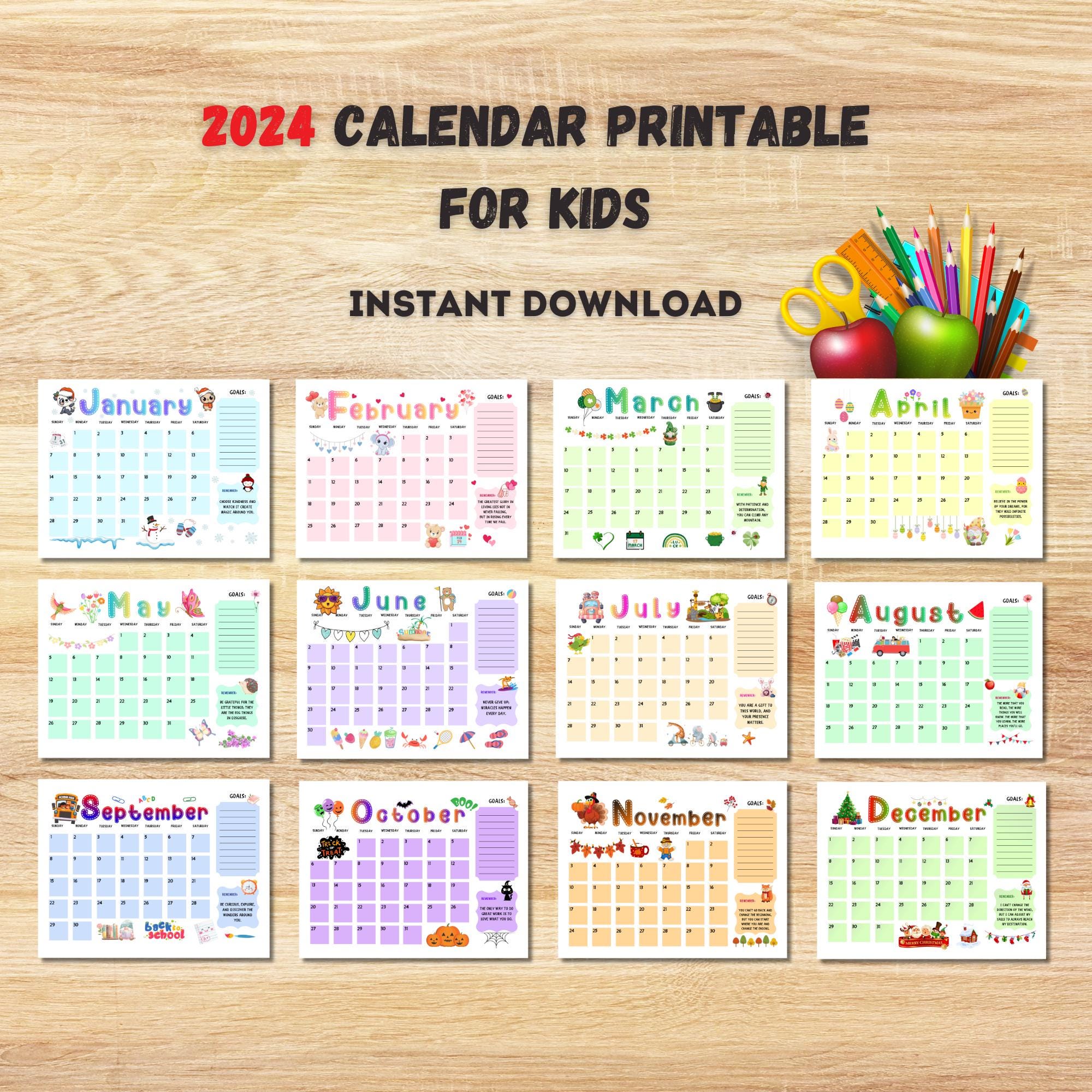 Printable Calendar 2024 Kids Calendar 2024 Homeschool Calendar Kids Printable Calendar 2024 Kids Calendar 2024 Homeschool Calendar Kids