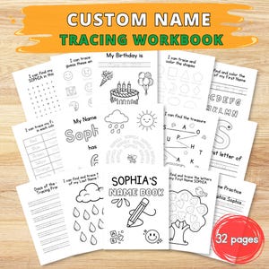 May include: A custom name tracing workbook with the text "CUSTOM NAME TRACING WORKBOOK" at the top. The workbook includes pages for tracing letters, shapes, and names, with the name "Sophia" featured. The cover says "SOPHIA'S NAME BOOK" and has 32 pages.