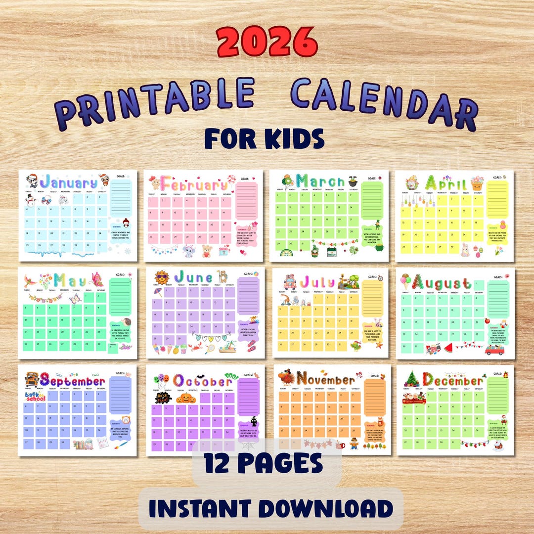 Printable Kids 12 Month Calendar 2026, Homeschool Planner, Monthly ...