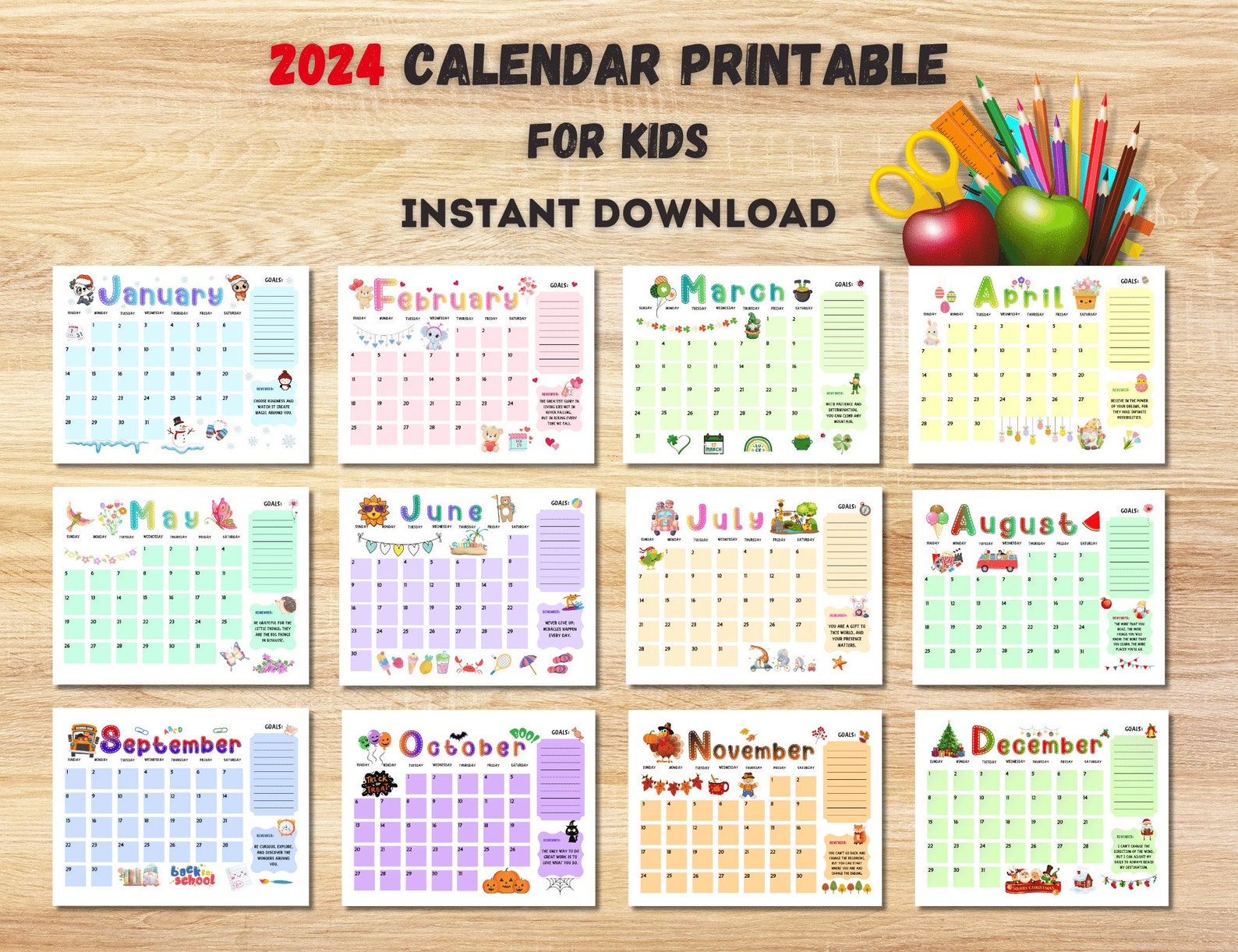 Printable Calendar 2024, Kids Calendar 2024, Homeschool Calendar, Kids ...