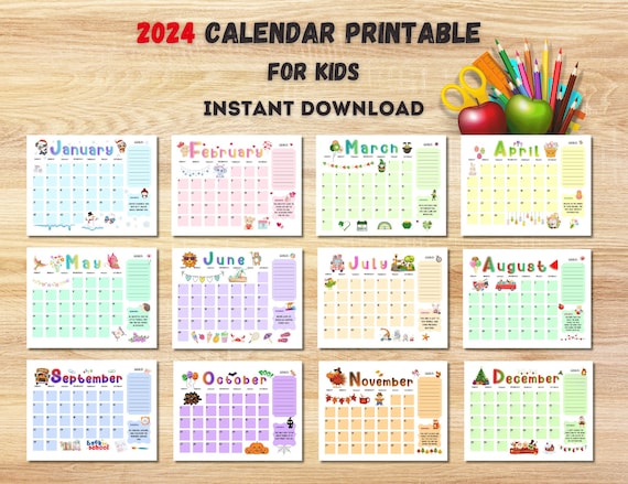 Printable Calendar 2024, Kids Calendar 2024, Homeschool Calendar, Kids  Daily Planner 