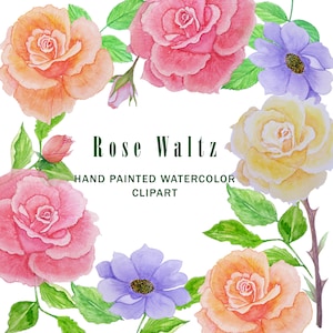 Aquarell Floral Clipart, digitale Blume Clipart Elemente, gelbe Rose, rosa Rose, Orange Rose, violette Blume, grünes Blatt, Rose Knospe