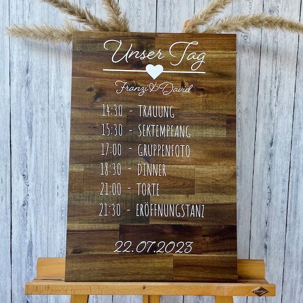 Tagesablauf Hochzeit Holzschild | personalisierter Ablaufplan Hochzeitsfeier | Naturholzschild mit Zeitplan Hochzeit