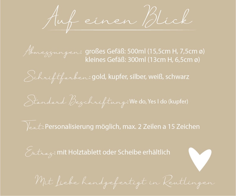 May include: A white text graphic on a beige background with the text "Auf einen Blick" (German for "At a glance"). The graphic lists the dimensions of two sizes of glass jars, the available font colors, the standard text, and the option to personalize the text. The graphic also mentions that the jars are handmade in Reutlingen, Germany.