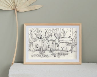 Mushroom house art print Toadstool print Mushroom print art Mushroom house Woodland decoration Children illustration