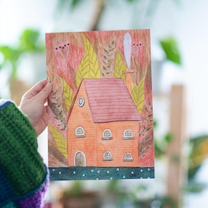 Cuadro de cabaña de madera - Ilustración de casa - Ilustración de casa - Arte mural otoñal - Ilustración para habitación de bebé - Ilustración acogedora - Ideas para regalos