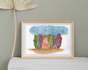 Wooden House illustration, A4 or A5 cosy art print, wall art, home decor, house warming gift