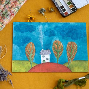 Arte mural con estampados de árboles - Ilustración de árboles - Paisaje de colinas - Ilustración de casas - Impresión artística para guardería - Arte mural colorido - Regalos para baby shower