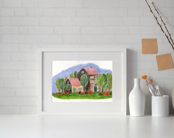 Cottage Mixed media Illustration Art print Wall art Gift idea Nursery art print