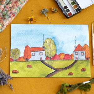 Illustrazione di casa - Decorazione carina per la casa - Stampa ad acquerello - Stampa di illustrazioni - Decorazione per la cameretta dei bambini - Regalo di inaugurazione della casa - Illustrazione accogliente
