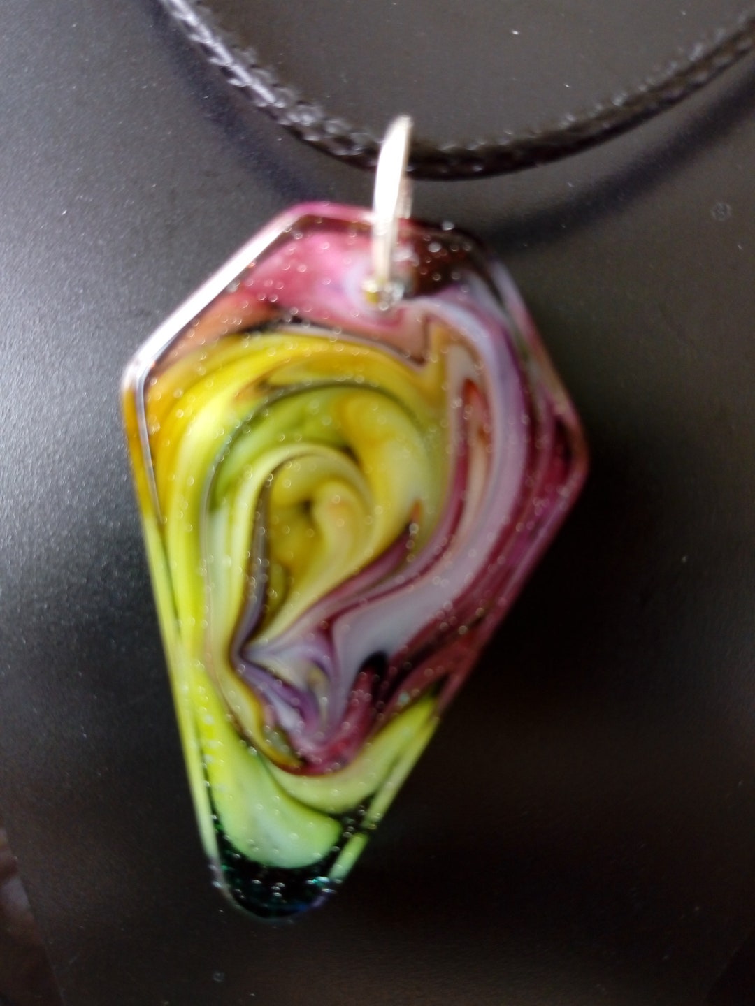 Necklace, Epoxy Resin, Cloudy Effect, 3D Effect, on Black Leather Cord