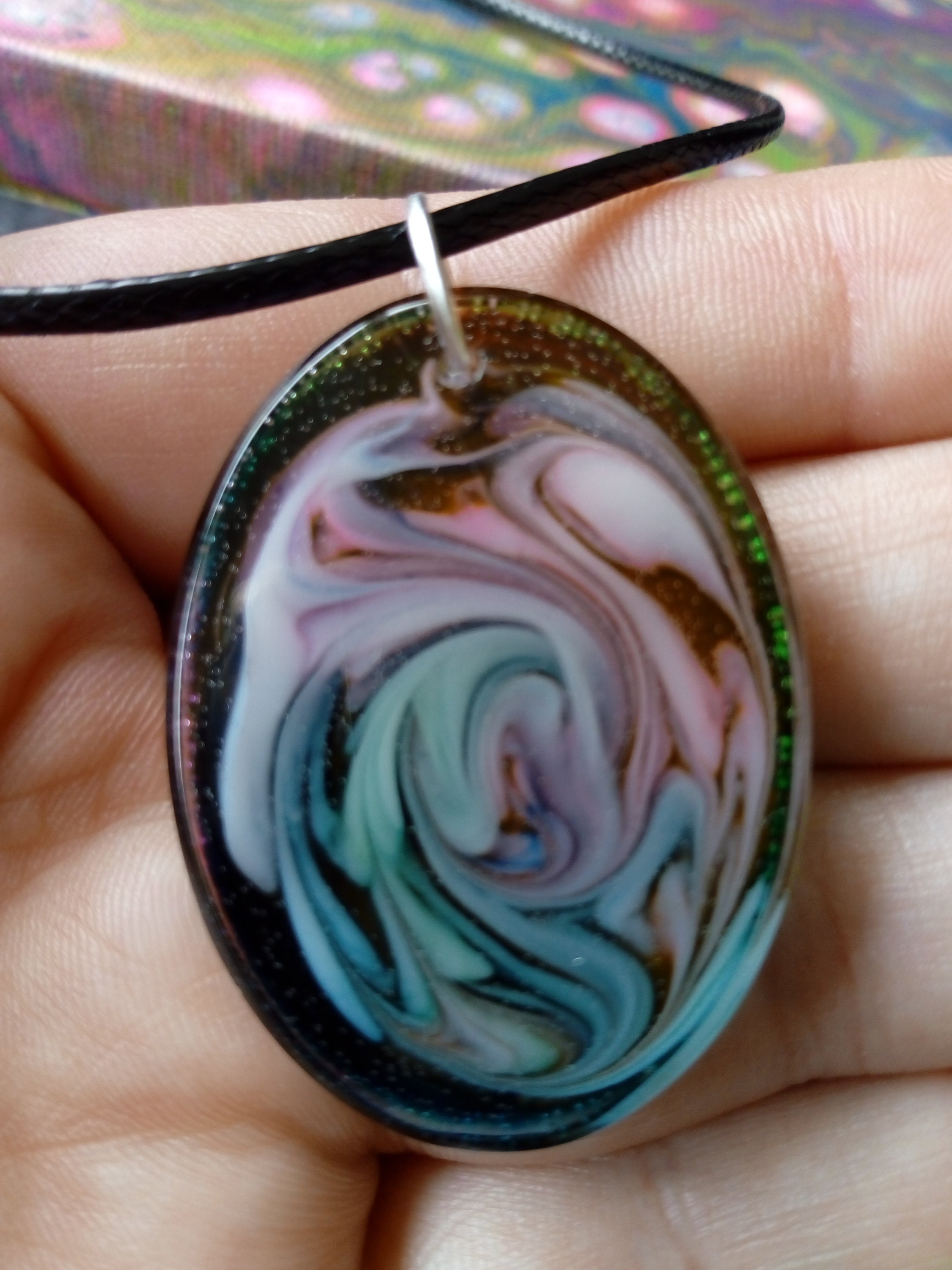 Necklace Epoxy Resin Cloudy Effect 3D Effect on Black Etsy UK