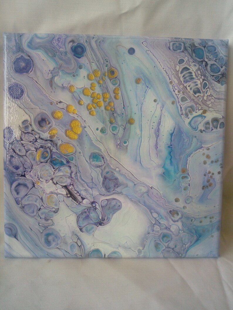 abstract cells acrylic pour wall art, Ocean breeze Acrylic Fluid Art gold 056
