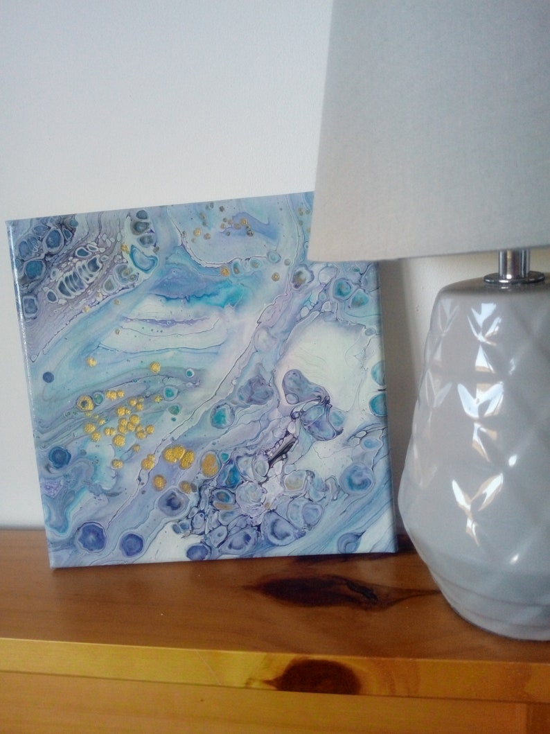 abstract cells acrylic pour wall art, Ocean breeze Acrylic Fluid Art gold 056