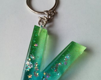 Keychain Initial V Letter Resin, two toned, Blue & Green
