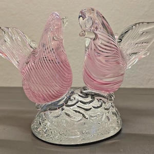 Murano Art Glass Pink Lovebirds Sculpture Filigrana Venetian Hand Blown Doves Figurine Italian Latticino Glass Italy Vintage Wedding Gift