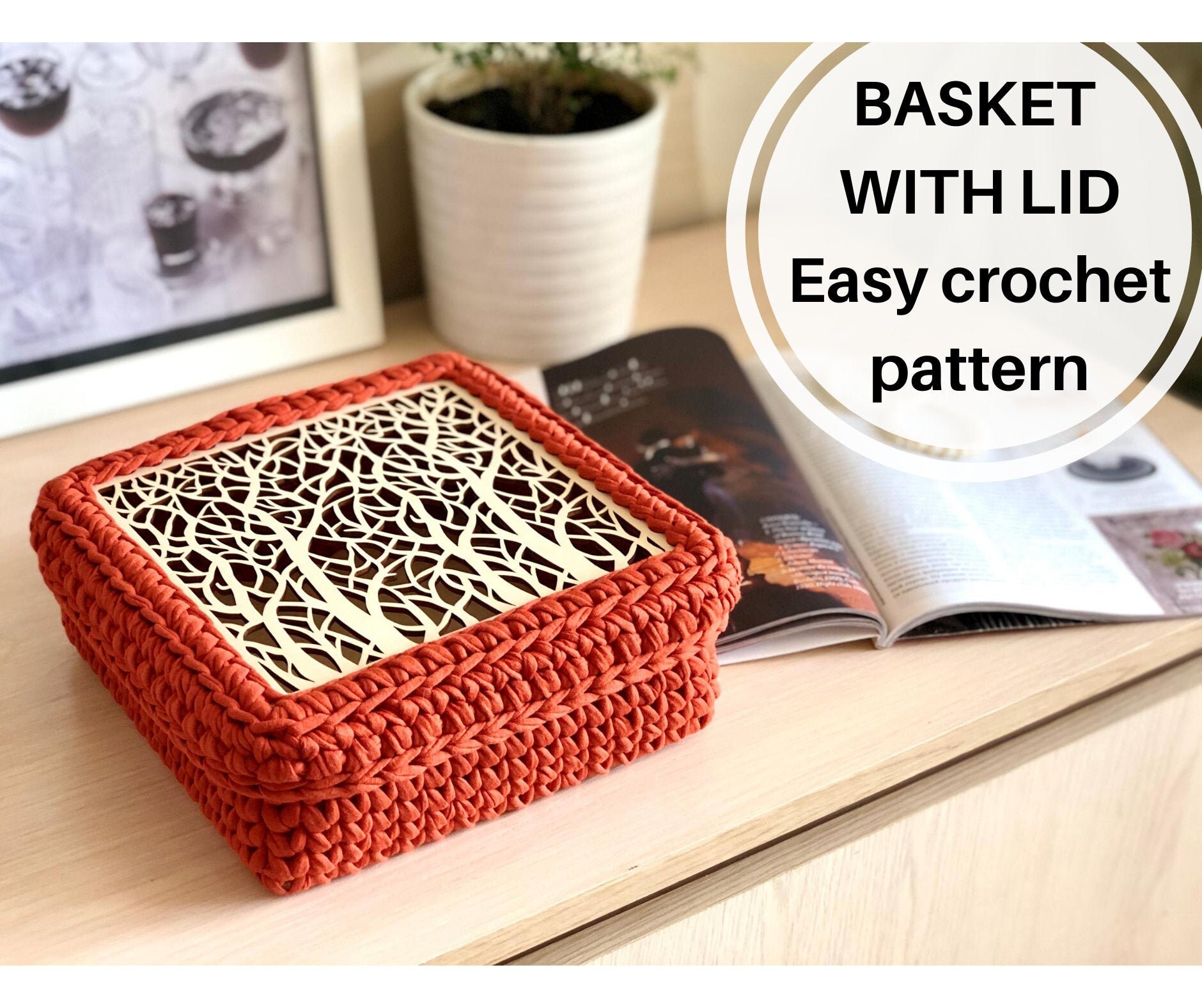 DIY Pattern Square crochet basket with openwork lid PDF and Etsy