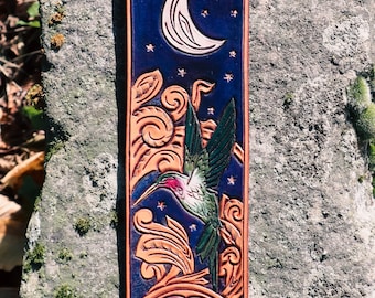 Handmade leather guitar strap hummingbird under the moon