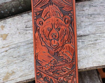 Handmade leather guitar strap Bear under an oak tree and feathers