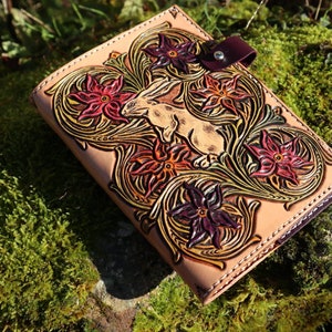 Leather organizer, rabbit in flowers, metallic orange and purple interior, ideal gift