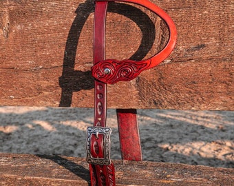 Western harness leather horse bridle, Jeremiah Watt stainless steel buckle, one horse ear passage, arabesque pattern