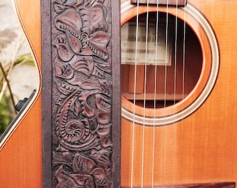 Flower guitar and bass strap in patinated brown and black leather Sam's straps #11