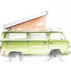 May include: A green vintage camper van with a pop-up roof. The roof is raised and the canvas is a light peach colour. The van has a side window and a door on the passenger side.