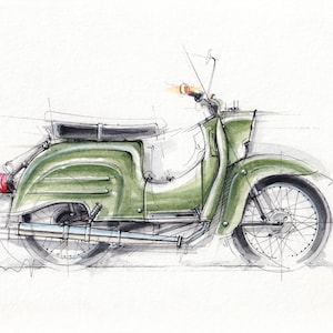 Op de afbeelding: Een groene vintage scooter met een chromen uitlaatpijp en een enkele zitting. De scooter is getekend in een realistische stijl met aquarel en inkt.