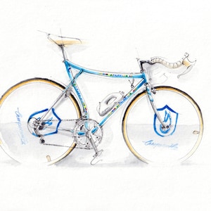 May include: A blue and white road bike with a white saddle and a white handlebar. The bike has a blue and white logo on the frame that says "Cinelli". The wheels have a blue and white logo that says "Campagnolo".