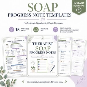 SOAP Note Templates for Therapists, 15-Page Therapy Progress Notes PDF