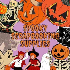 May include: A graphic illustration featuring the text SPOOKY SCRAPBOOKING SUPPLIES in orange letters. The design includes a skeleton, jack-o'-lanterns, a black cat, a ghost, and children dressed in Halloween costumes on a light purple background.