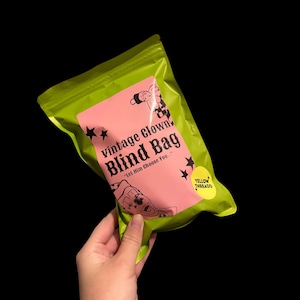 Peut inclure: Une pochette refermable vert citron avec une étiquette rectangulaire rose portant le texte noir Vintage Clown Blind Bag et Let Him Choose You. L'étiquette présente des illustrations noires de visages de clowns et d'étoiles, ainsi qu'un autocollant jaune.