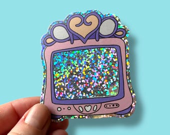 Pegatina de vinilo brillante con temática de televisión nostálgica infantil