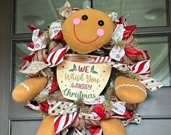 Christmas Wreath Deco Mesh Gingerbread Men for Front Door, Holiday Wreath for Front Door, Farmhouse Christmas Wreath, Gingerbread Wreath