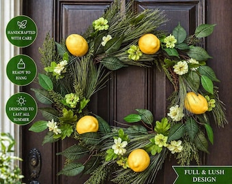 Lemon Wreath for Front Door | Summer Wreath | Yellow Lemon Wreath | White Floral Greenery Wreath | Farmhouse Summer Door Decor