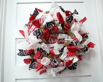 Red and Black Deco Mesh Christmas Wreaths for front door, Southern Charm Wreaths, Modern wreath for front door, Red and Black Christmas Bow