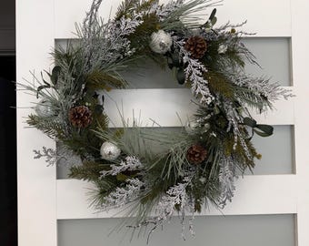 Winter Evergreen Grapevine Wreath | January Front Door Wreath with Pinecones & Silver Accents | Neutral Winter Door Decor