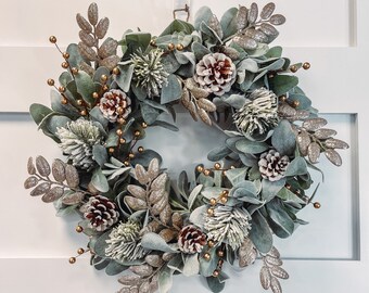 Modern Farmhouse Christmas Gold Decor Wreath for Front Door, Lambs Ear Wreath Christmas, Lambs Ear Winter Wreath, Luxury Wreath
