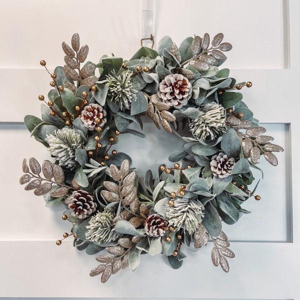 Modern Farmhouse Christmas Gold Decor Wreath for Front Door, Lambs Ear Wreath Christmas, Lambs Ear Winter Wreath, Luxury Wreath