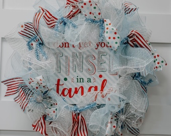 Deco Mesh Turquoise and Red Tinsel in a Tangle Holiday Wreath for Front Door, Holiday Mesh Wreath for Porch, Luxurious Christmas Wreath