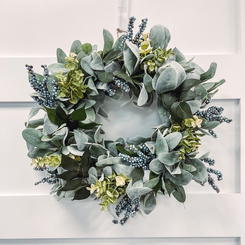 Year Round Greenery Wreath for Front Door | Lambs Ear Eucalyptus Wreath ...