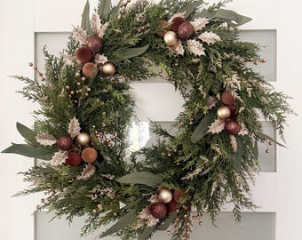 Brown and Gold Christmas Wreath for Front Door – Elegant Holiday Wreath with Ornaments, Rustic Winter Door Decor, Neutral Christmas Decor