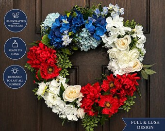 Patriotic Wreath for Front Door | 4th of July Wreath | Memorial Day Decor | Summer Wreath | Red White Blue Americana Farmhouse Decor