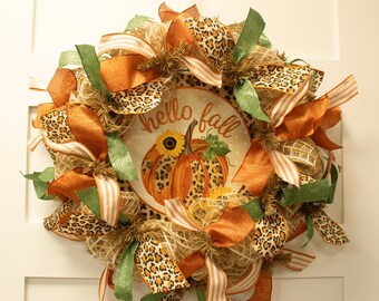 Hello Fall with Pumpkin Cheetah Modern Farmhouse Wreath for Front Door, Orange Pumpkin Wreath, Green Fall Wreath, Autumn Wreath for Porch