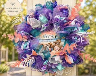 Beach Wreath for Front Door | Coastal Summer Wreath | Seashell Welcome Wreath | Lake House Decor | Coral Blue Door Wreath