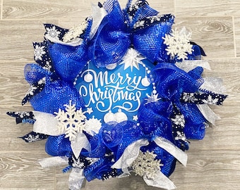 Deco Mesh Christmas Wreath for Front Door with Blue and Silver Snowflake Merry Christmas Sign, Luxury Blue and Silver Christmas Wreath